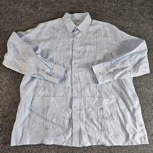 Panabrisa Corona Shirt Mens XL Light Blue Linen Guayabera Embroidered 4 Pockets